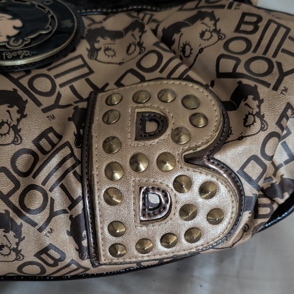 Betty Boop Black & Tan Logo Shoulder Bag with Gold Hardware - Picture 4 of 14